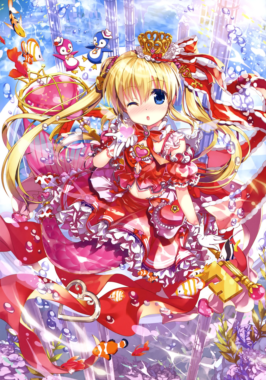 1girl ;o absurdres bird black_eyes blonde_hair blue_brooch blush bow bowtie broken_pillar brooch bubble cardfight!!_vanguard castle choker clownfish coral crown eyebrows_visible_through_hair fish fish_request flower fujima_takuya gloves hair_between_eyes hat hat_flower heart heart-shaped_gem heart-shaped_hat heart_print highres jewelry key key_hair_ornament layered_skirt lock_hair_ornament long_hair looking_at_viewer mermaid midriff monster_girl navel neck_ribbon necktie official_art one_eye_closed pacifica_(cardfight!!_vanguard) penguin pillar pink_brooch pink_lips pink_skirt print_gloves puffy_short_sleeves puffy_sleeves red_flower red_ribbon red_shirt red_skirt ribbon scan shirt short_sleeves single_stripe skirt striped_neckwear tongue twintails underwater white_choker white_gloves white_hat white_skirt white_stripes yellow_neckwear