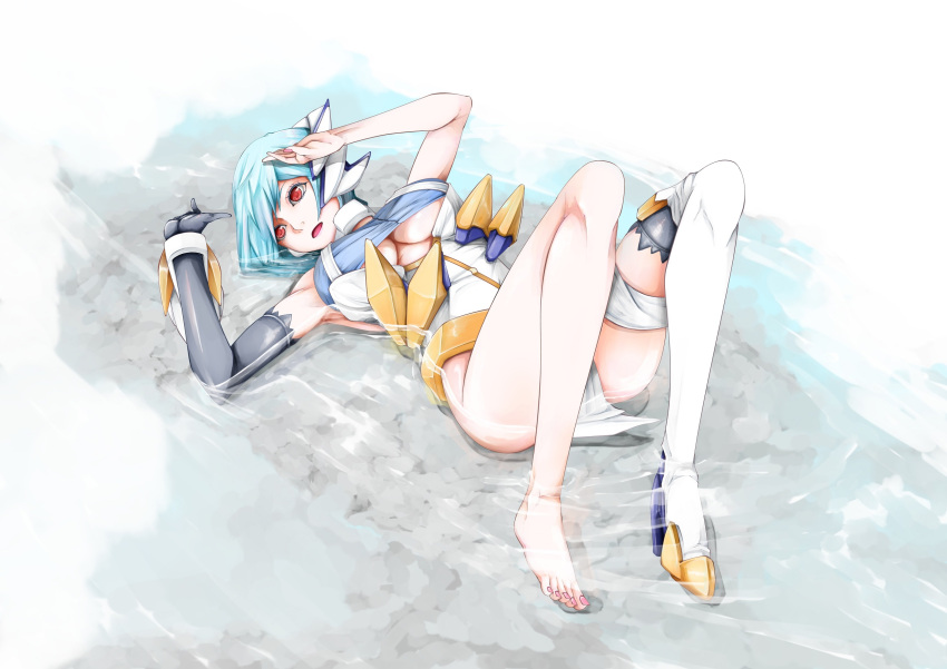 .th 1girl alternate_hairstyle android barefoot blue_hair breasts commentary cyborg elbow_gloves feet gloves highres kos-mos large_breasts redesign short_hair solo under_boob xenosaga