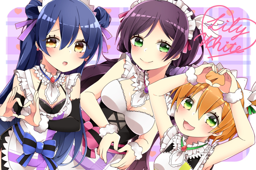 apron bangs blue_hair blush commentary_request detached_sleeves earrings eyebrows_visible_through_hair green_eyes heart heart_hands hoshizora_rin jewelry lily_white_(love_live!) long_hair love_live! love_live!_school_idol_project low_twintails maid maid_apron maid_headdress mogyutto_"love"_de_sekkin_chuu! multiple_girls one_side_up open_mouth orange_hair pink_scrunchie purple_hair scrunchie shizuku_(puti_0414) smile sonoda_umi toujou_nozomi twintails yellow_eyes