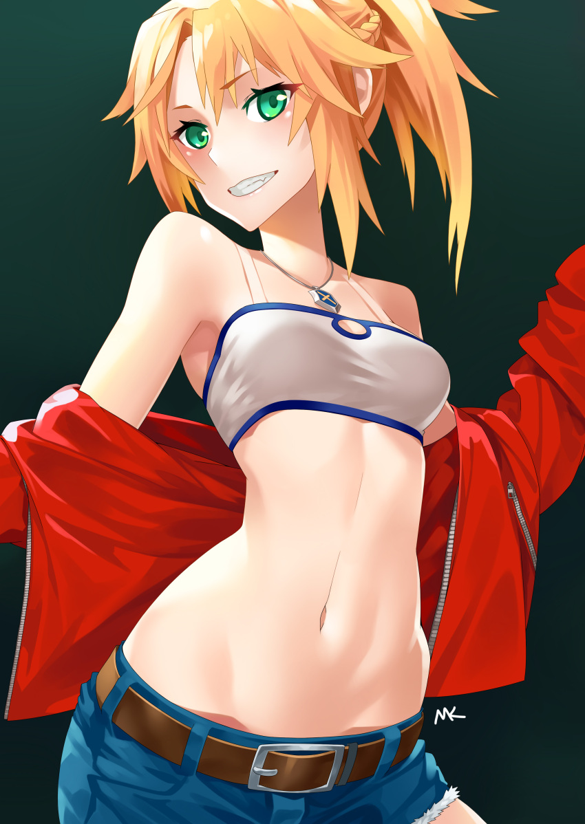 1girl absurdres belt blonde_hair blue_shorts bra breasts cleavage collarbone eyebrows_visible_through_hair fate/apocrypha fate_(series) green_background green_eyes grin hair_between_eyes high_ponytail highres jacket jewelry long_hair looking_at_viewer midriff mk_(lazymk) mordred_(fate) mordred_(fate)_(all) navel necklace open_clothes open_jacket red_jacket short_shorts shorts small_breasts smile solo standing stomach torn_clothes torn_shorts underwear white_bra