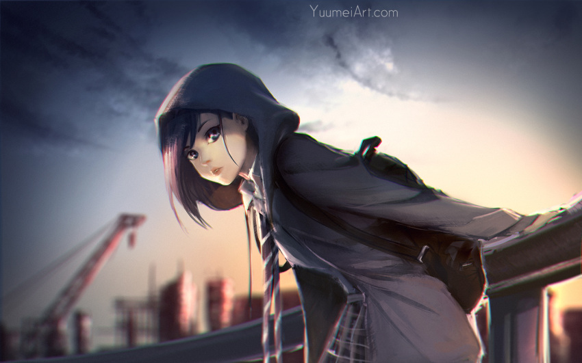 1girl backpack bag black_eyes black_hair blurry blurry_background closed_mouth darling_in_the_franxx hood hood_up hoodie ichigo_(darling_in_the_franxx) leaning_forward lips looking_at_viewer necktie school_uniform short_hair solo watermark web_address wenqing_yan