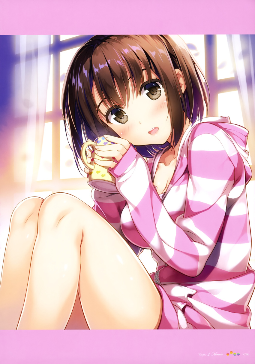 1girl absurdres bare_legs blush breasts brown_eyes brown_hair cleavage coffee_mug collarbone cup curtains day english framed_image fujima_takuya head_tilt heart heart_print highres holding holding_cup hood hooded_jacket indoors jacket katou_megumi knees_up large_breasts looking_at_viewer mug no_pants official_art open_mouth page_number pink_lips round_teeth saenai_heroine_no_sodatekata scan short_hair sitting smile solo striped_jacket sunlight teeth tongue window zipper