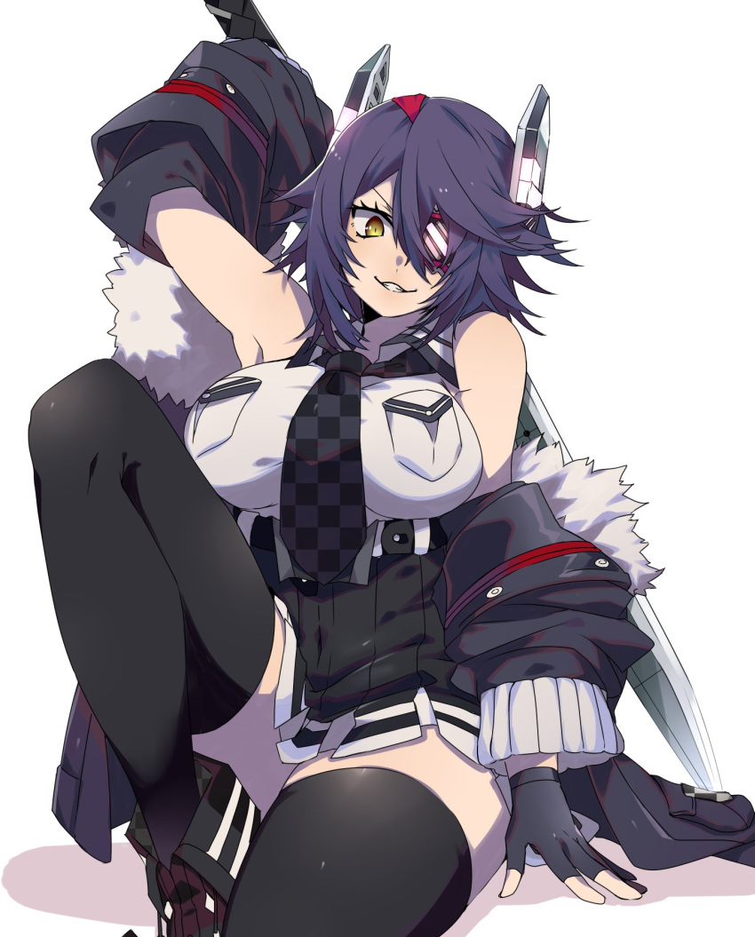 1girl ara_taro armpit_peek black_gloves black_jacket black_legwear black_skirt checkered checkered_neckwear covered_navel eyepatch fur-trimmed_jacket fur_trim gloves headgear highres holding holding_sword holding_weapon jacket kantai_collection leg_lift looking_at_viewer necktie off_shoulder parted_lips partly_fingerless_gloves pocket purple_hair remodel_(kantai_collection) shadow shirt sitting skirt sleeveless sleeveless_shirt smile solo sword tenryuu_(kantai_collection) thigh-highs weapon white_background white_shirt yellow_eyes
