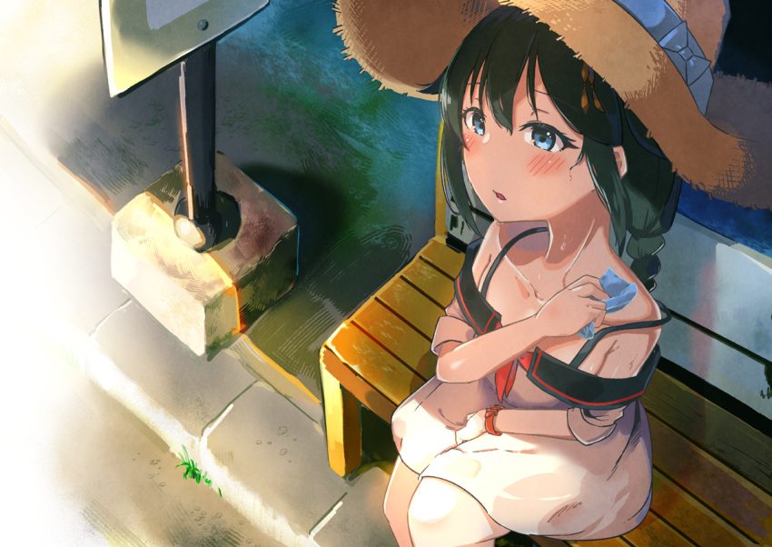 1girl ahoge alternate_costume bangs bench between_legs black_hair blue_eyes blush braid bus_stop casual collarbone day dress eyebrows_visible_through_hair from_above hair_flaps hair_ornament hand_between_legs hat hot kantai_collection koppa_mijinko_(series2023) long_hair looking_afar off_shoulder open_mouth outdoors remodel_(kantai_collection) ribbon shade shigure_(kantai_collection) sidelocks single_braid sitting solo sun_hat sweat watch wiping_sweat