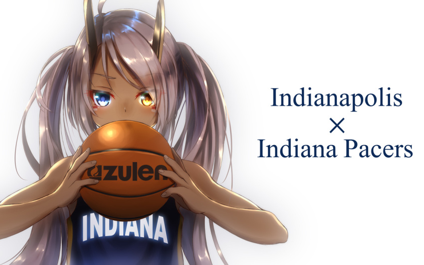 1girl ball bare_shoulders basketball blue_eyes english heterochromia holding holding_ball indiana_pacers indianapolis_(azur_lane) jersey long_hair national_basketball_association orange_eyes silver_hair simple_background sleeveless solo sportswear twintails upper_body white_background yakkuro