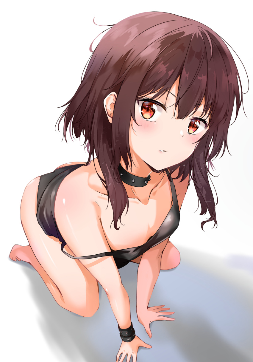 1girl absurdres all_fours barefoot black_bra black_panties blush bra breasts brown_hair camisole cleavage collar collarbone foreshortening from_above highres kono_subarashii_sekai_ni_shukufuku_wo! looking_at_viewer megumin messy_hair panties red_eyes short_hair simple_background small_breasts solo spiked_collar spikes studded_bracelet sunhyun underwear white_background