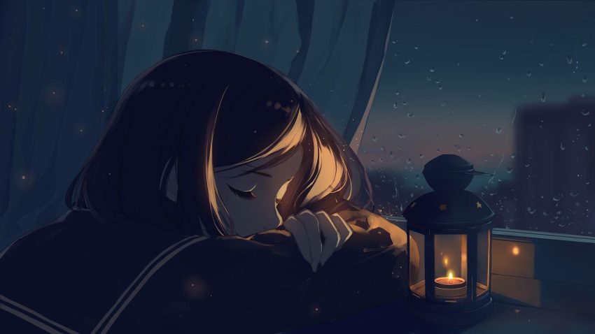 1girl bangs black_blouse black_hair black_sky blouse caidychen candle closed_eyes commentary crossed_arms curtains dark glowing head_rest highres indoors lantern night night_sky sky sleeping solo sparkle star_(sky) starry_sky