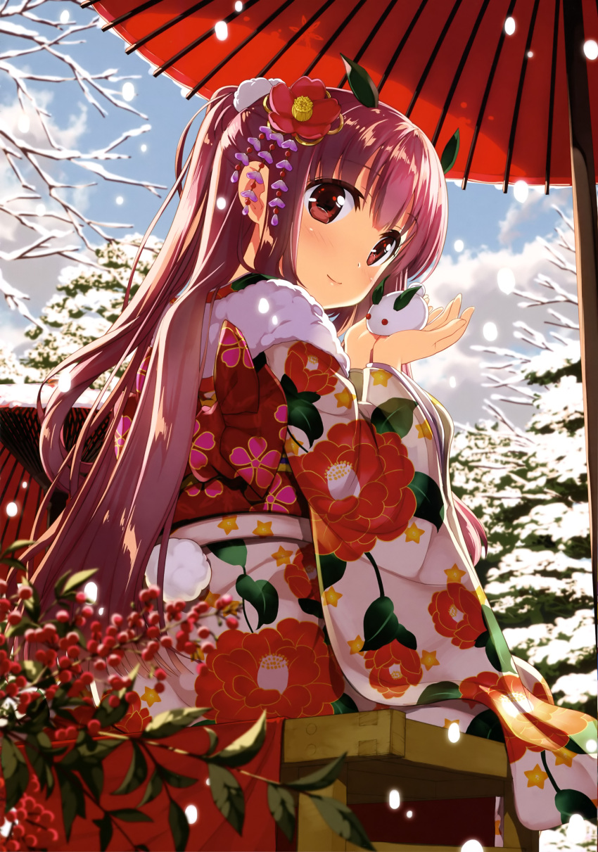 1girl absurdres bench blue_sky blush brown_eyes clouds copyright_request day eyebrows_visible_through_hair floral_print flower from_behind from_below fujima_takuya fur-trimmed_hair_tie fur_scarf hair_between_eyes hair_flower hair_ornament highres holding japanese_clothes kimono leaf leaf_print long_hair looking_at_viewer looking_back obi official_art outdoors pink_lips ponytail print_sash purple_hair red_eyes red_flower red_sash red_umbrella rooftop sash scan sitting sky smile snow snow_bunny snowing solo tree white_kimono wooden_bench