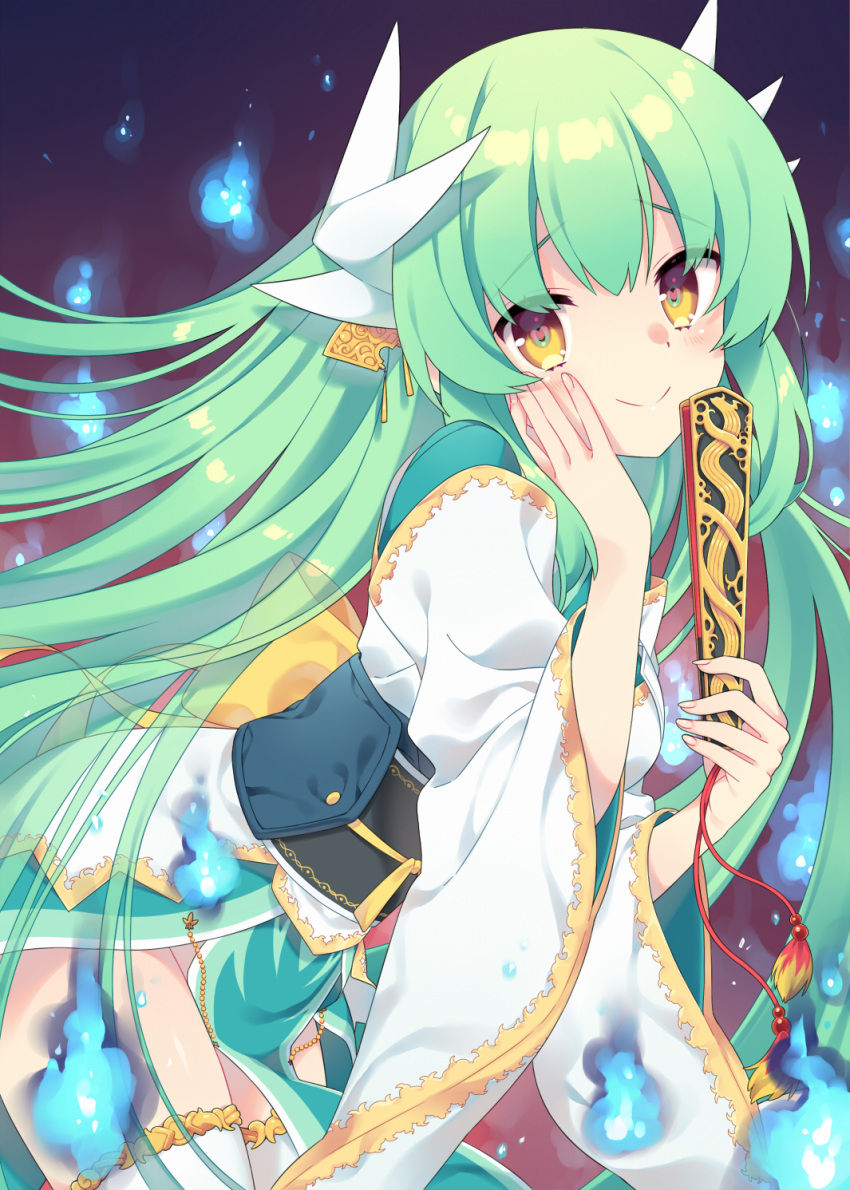 1girl blush breasts dragon_girl dragon_horns fan fate/grand_order fate_(series) green_hair hair_ribbon hand_on_own_cheek heart heart-shaped_pupils highres holding holding_fan horns japanese_clothes kiyohime_(fate/grand_order) large_breasts long_hair looking_at_viewer ribbon sash smile solo symbol-shaped_pupils thigh-highs toko_yoshi twintails white_legwear yellow_eyes