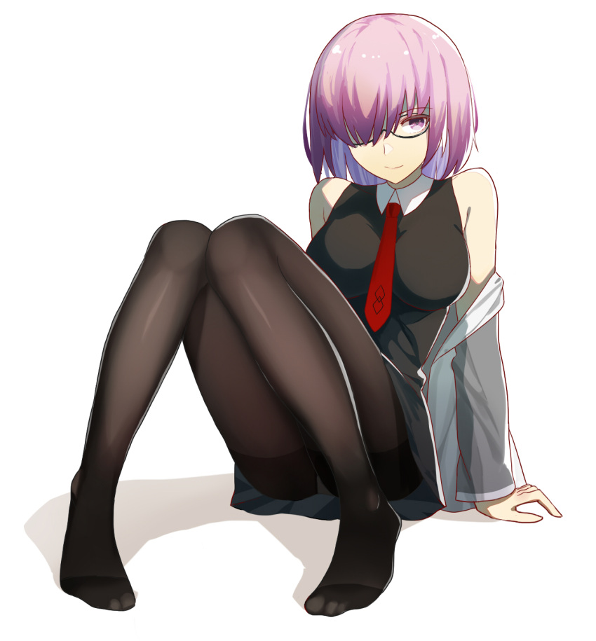 1girl arm_support black-framed_eyewear black_dress black_legwear dress fate/grand_order fate_(series) full_body glasses grey_jacket hair_over_one_eye highres jacket looking_at_viewer mash_kyrielight necktie open_clothes open_jacket panties panties_under_pantyhose pantyhose purple_hair red_neckwear semi-rimless_eyewear short_dress short_hair simple_background sitting sleeveless sleeveless_dress smile solo under-rim_eyewear underwear vic violet_eyes white_background