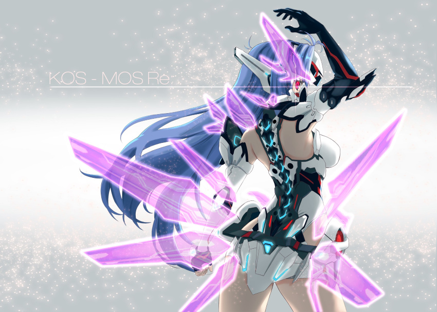 1girl android ass blue_hair breasts character_name dong_zhi_qiong elbow_gloves fingerless_gloves forehead_protector from_behind gloves glowing glowing_eye highres kos-mos kos-mos_re: leotard long_hair looking_at_viewer looking_back medium_breasts red_eyes single_fingerless_glove solo very_long_hair white_leotard xenoblade_(series) xenoblade_2 xenosaga