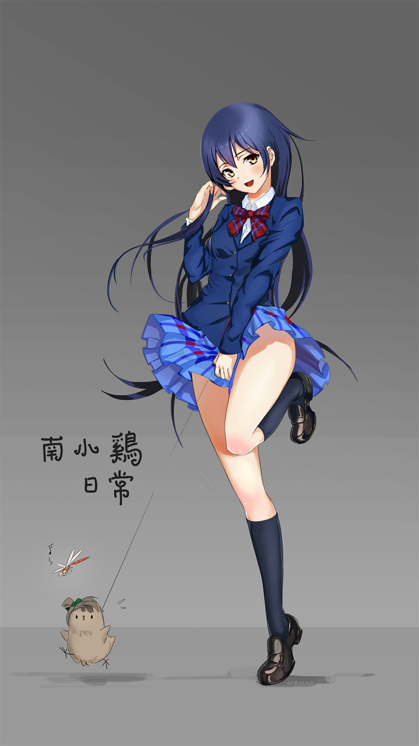 1girl bangs blazer blue_hair blush bow bowtie commentary eyebrows_visible_through_hair full_body hand_in_hair highres jacket leg_up long_sleeves looking_at_viewer love_live! love_live!_school_idol_project minami_kotori_(bird) open_mouth otonokizaka_school_uniform plaid plaid_skirt pleated_skirt red_neckwear school_uniform simple_background skirt skirt_tug smile solo sonoda_umi striped_neckwear ushas wind wind_lift yellow_eyes