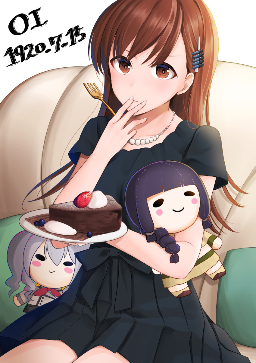 1girl absurdres cake commentary couch cushion doll dress food fork hair_ornament hairpin highres jewelry kantai_collection kashima_(kantai_collection) kitakami_(kantai_collection) necklace ooi_(kantai_collection) white_background yunamaro