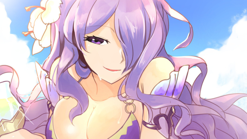 1girl blue_sky breasts camilla_(fire_emblem_if) clouds cup day drinking_glass fire_emblem fire_emblem_heroes fire_emblem_if flower hair_flower hair_ornament hair_over_one_eye highres large_breasts long_hair nakabayashi_zun parted_lips purple_hair sky solo swimsuit violet_eyes