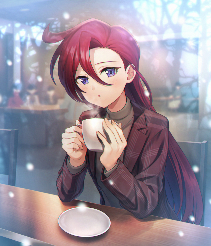 1girl bangs blazer blurry blurry_background blush brown_jacket cafe commentary_request cup hair_between_eyes highres holding holding_cup indoors jacket long_hair looking_at_viewer mug open_clothes open_jacket open_mouth plaid plaid_jacket plate precure redhead solo takizawa_asuka tropical-rouge!_precure turtleneck yuzu_sato