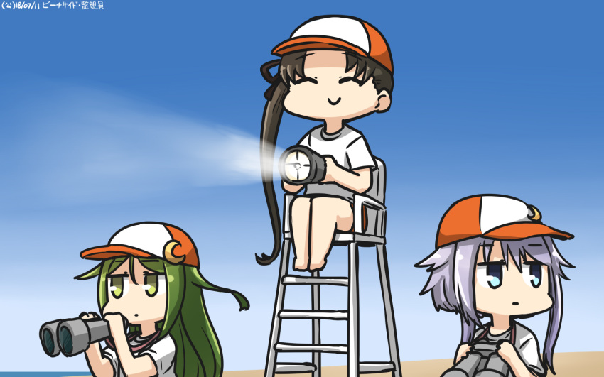 3girls ^_^ alternate_costume ayanami_(kantai_collection) blue_eyes brown_hair closed_eyes closed_eyes commentary crescent crescent_hair_ornament dated flashlight green_eyes green_hair hair_ornament hamu_koutarou hat highres holding holding_flashlight kantai_collection long_hair multiple_girls nagatsuki_(kantai_collection) purple_hair remodel_(kantai_collection) shirt short_hair_with_long_locks short_sleeves side_ponytail sitting smile white_shirt yayoi_(kantai_collection)