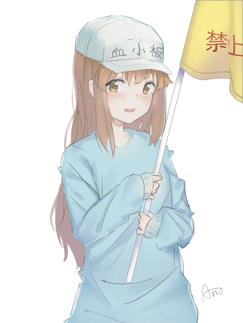 1girl :d ano54 bangs blue_shirt blush brown_eyes brown_hair commentary_request eyebrows_visible_through_hair flag flat_cap hair_between_eyes hat hataraku_saibou highres holding holding_flag long_hair long_sleeves looking_at_viewer open_mouth platelet_(hataraku_saibou) round_teeth shirt signature simple_background sleeves_past_wrists smile solo teeth translated upper_teeth very_long_hair white_background white_hat
