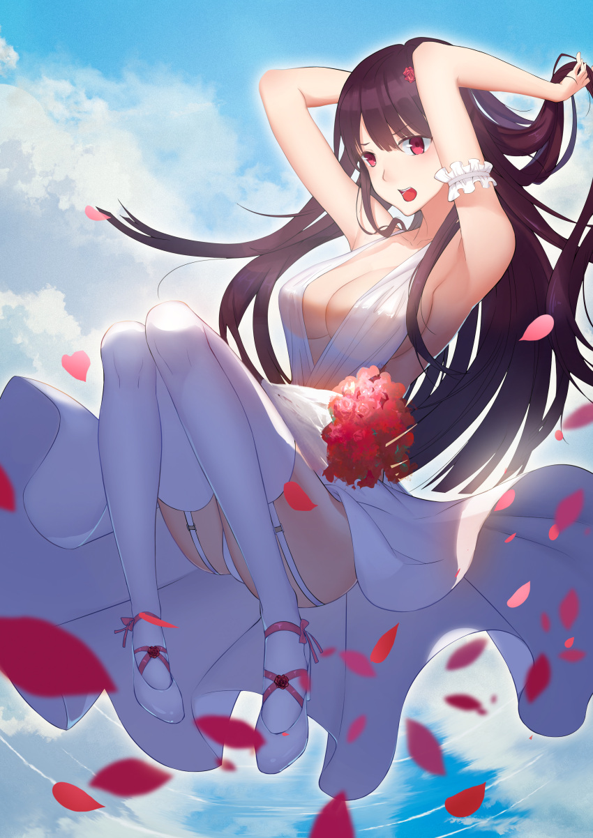 1girl absurdres arm_garter armpits arms_up ass baliu bangs blue_sky blush bouquet breasts bride cleavage clouds collarbone day dress eyebrows_visible_through_hair floating floating_hair flower garter_straps girls_frontline hair_flower hair_ornament hair_ribbon half_updo hand_in_hair highres large_breasts long_hair looking_at_viewer no_bra one_side_up open_mouth outdoors panties petals pumps purple_hair red_eyes ribbon sideboob sidelocks sky solo thigh-highs thighs underwear very_long_hair wa2000_(girls_frontline) wedding_dress white_dress white_footwear white_legwear white_panties wind wind_lift
