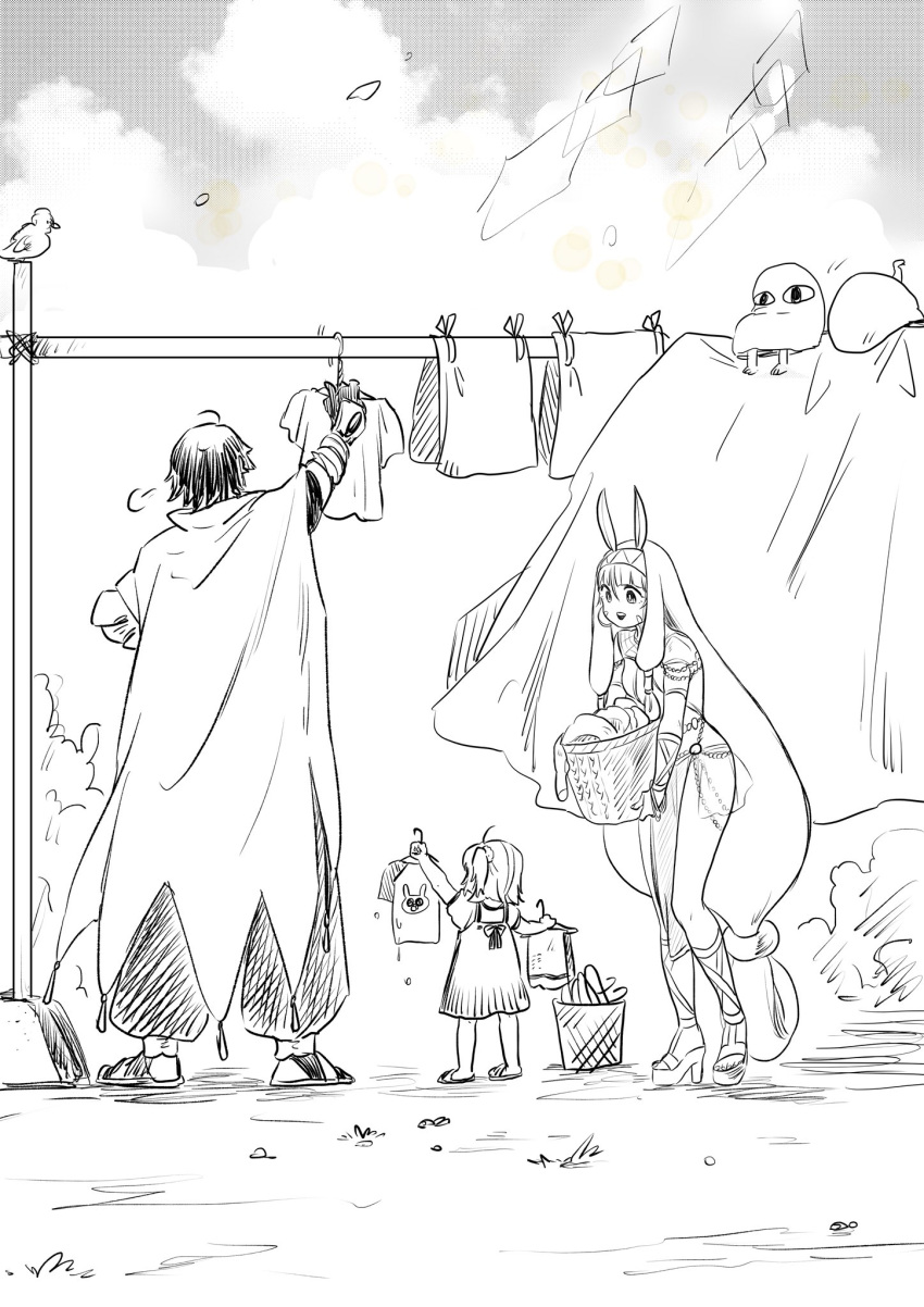 1boy 2girls ahoge animal_ears bangs basket bed_sheet bird cape carrying carrying_clothes clouds commentary_request drying drying_clothes earrings fate/grand_order fate_(series) fujimaru_ritsuka_(female) gloves greyscale hair_ornament hair_scrunchie hairband high_heels highres hoop_earrings jackal_ears jewelry long_hair medjed monochrome multiple_girls nitocris_(fate/grand_order) open_mouth outdoors ozymandias_(fate) red003 sandals scrunchie short_hair short_sleeves sidelocks sky translation_request twitter_username very_long_hair wet wet_clothes