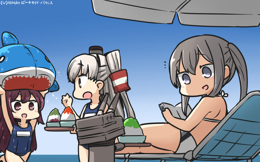 3girls :d amatsukaze_(kantai_collection) blonde_hair blue_swimsuit commentary dated food graf_zeppelin_(kantai_collection) hair_between_eyes hair_tubes hamu_koutarou highres kamikaze_(kantai_collection) kantai_collection long_hair multiple_girls no_hat no_headwear one-piece_swimsuit open_mouth parasol purple_hair rensouhou-kun school_swimsuit shaved_ice sidelocks silver_hair smile swimsuit twintails two_side_up umbrella v-shaped_eyebrows violet_eyes windsock