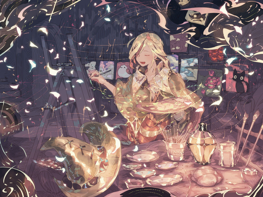 1boy blonde_hair braid canvas_(object) caro_(granblue_fantasy) closed_eyes granblue_fantasy hat hat_removed headwear_removed highres long_hair male_focus open_mouth paintbrush painting palette smile solo tabunsuana trap witch_hat