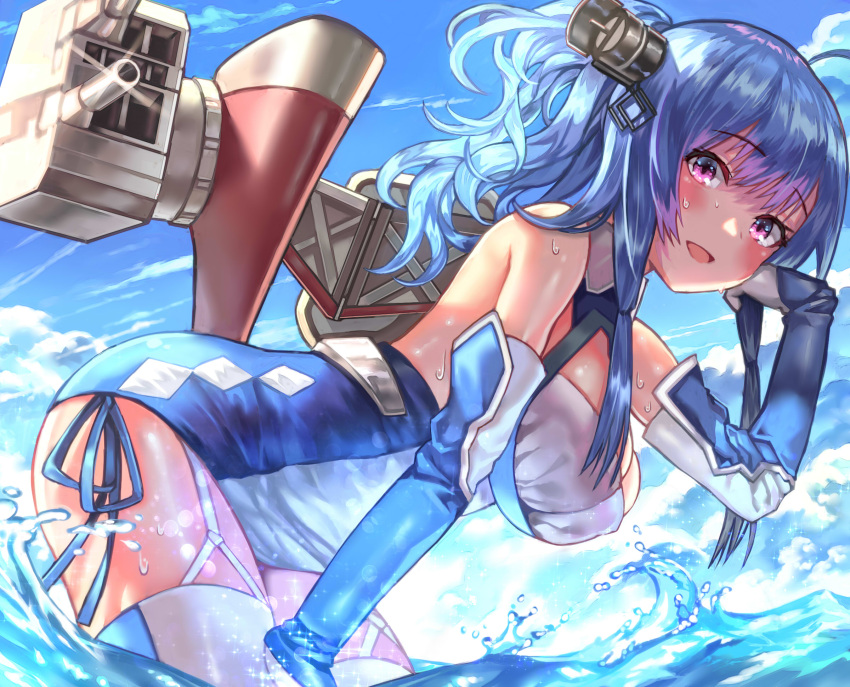 1girl azur_lane bent_over blue_hair blue_sky blush breasts commentary_request day denchu_(kazudentyu) dress elbow_gloves eyebrows_visible_through_hair from_side garter_straps glint gloves hand_up hat highres large_breasts long_hair looking_at_viewer mini_hat one_side_up outdoors rigging short_dress sidelocks sky smile solo st._louis_(azur_lane) thigh-highs violet_eyes wading wet white_gloves white_legwear