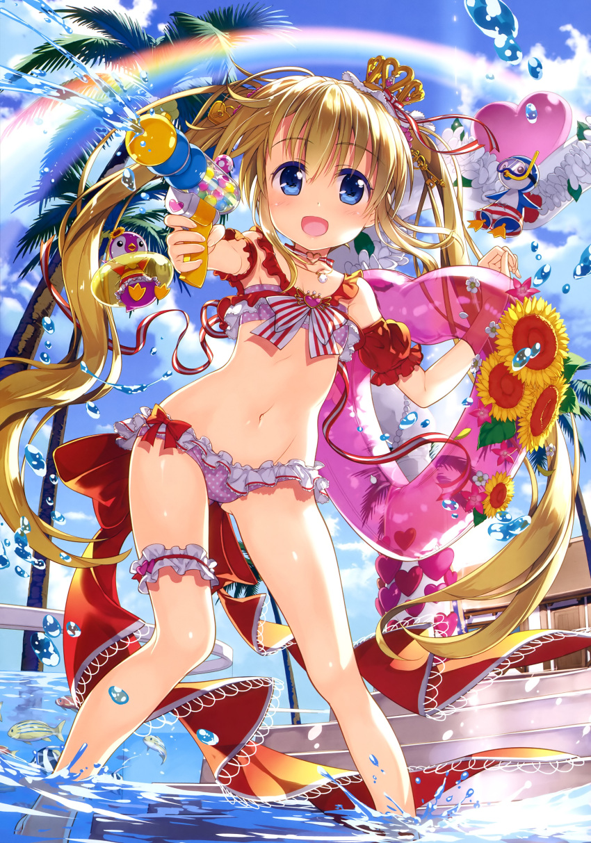 1girl :d absurdres armpits arms_up barefoot bikini bird black_eyes blonde_hair blue-framed_eyewear blue_eyes blue_sky boat bow bow_bikini brooch cardfight!!_vanguard character_request clouds cloudy_sky collarbone creature crown day diving_mask eyebrows_visible_through_hair fish flat_chest flower flower_on_head frilled_bikini frilled_swimsuit frills fujima_takuya gluteal_fold hair_between_eyes hand_up heart heart-shaped_gem heart-shaped_innertube highres holding holding_innertube holding_water_gun innertube jewelry key_hair_ornament leg_garter long_hair looking_at_viewer male_swimwear navel neck_ribbon necklace official_art one-piece_swimsuit open_mouth outdoors pacifica_(cardfight!!_vanguard) palm_tree penguin pigeon-toed pink_bikini pink_brooch pink_innertube pink_lips polka_dot polka_dot_bikini rainbow red_bow red_garter ribbon scan sky smile solo striped striped_ribbon striped_swim_trunks striped_swimsuit sunflower swim_trunks swimsuit swimwear tongue tree twintails water water_gun watercraft white_frills white_polka_dots yellow_flower