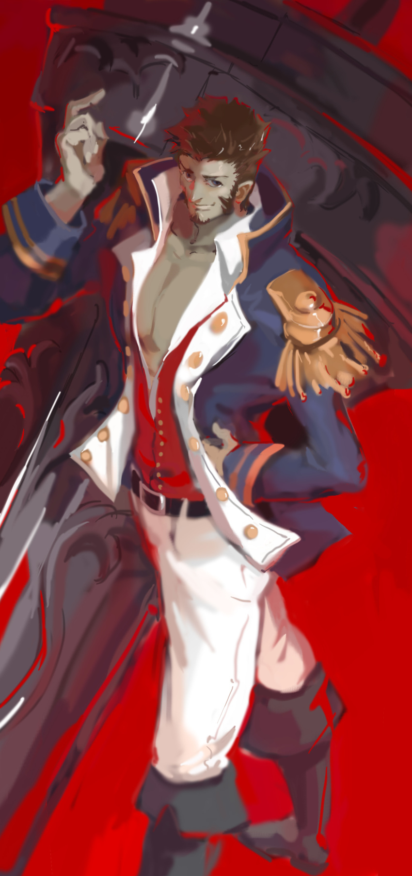 1boy absurdres archer_(lostbelt) beard boots brown_hair cannon facial_hair fate/grand_order fate_(series) highres male_focus military military_jacket military_uniform napoleon_bonaparte_(fate/grand_order) pants pectorals red_background sideburns simple_background solo uniform white_pants