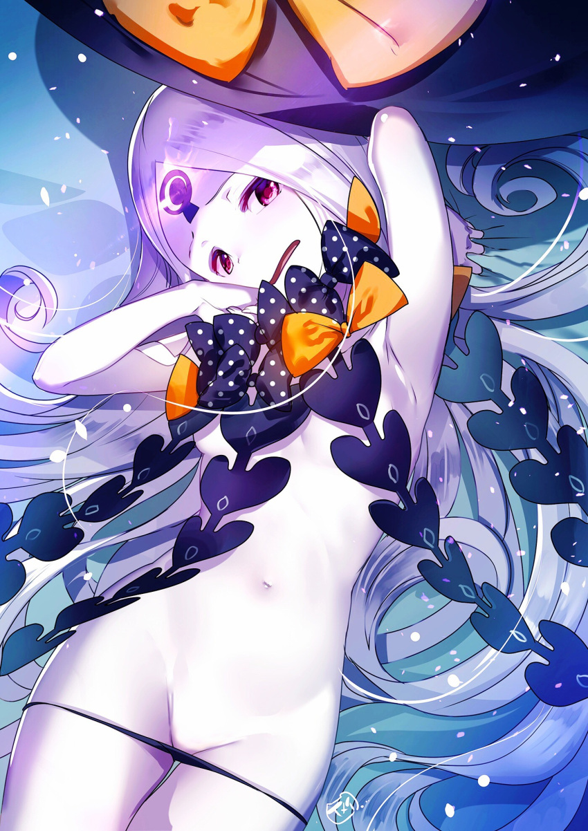 1girl abigail_williams_(fate/grand_order) arm_up bangs black_bow black_panties bow breasts fate/grand_order fate_(series) highres keyhole light_particles long_hair lowleg lowleg_panties lying navel on_back open_mouth orange_bow panties parted_bangs pink_eyes polka_dot polka_dot_bow small_breasts solo stomach third_eye underwear very_long_hair white_hair white_skin yamacchi