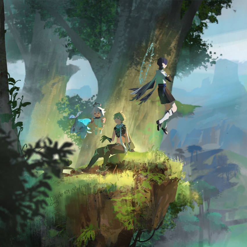 1girl 1other 2boys aether_(genshin_impact) ahoge aranara_(genshin_impact) black_hair blonde_hair blue_hair blue_sky branch bush cliff clouds cloudy_sky commentary day fallen_tree floating full_body genshin_impact grass hair_ornament highres jungle landscape leaf leaning long_hair looking_at_another looking_away multiple_boys nature omegu open_mouth paimon_(genshin_impact) parted_lips scaramouche_(genshin_impact) short_hair sitting sitting_on_tree_stump sky smile talking tree tree_stump vegetation wanderer_(genshin_impact) white_hair