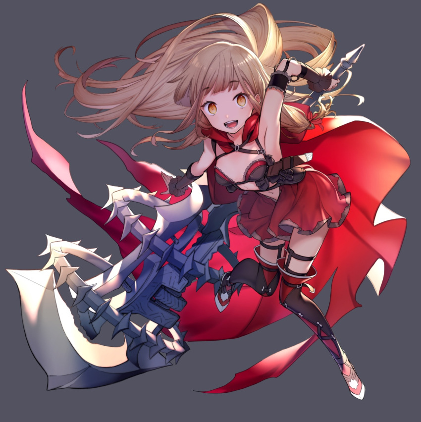 1girl 723_(tobi) :d blonde_hair boots cape center_opening check_artist eyebrows_visible_through_hair grey_background highres holding holding_weapon huge_weapon little_red_riding_hood_(sinoalice) long_hair looking_at_viewer mace navel open_mouth sinoalice smile thigh-highs thigh_boots weapon yellow_eyes