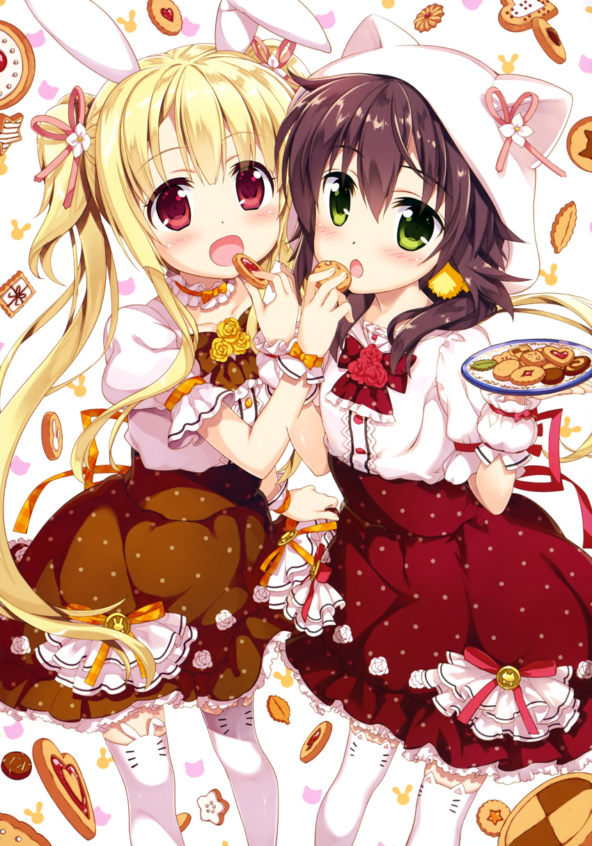 2girls :d :o absurdres animal_ears animal_print blonde_hair blush brown_frills brown_skirt bunny_print cat_ears cat_print choker collarbone copyright_request eyebrows_visible_through_hair feeding flat_chest floral_print flower food_request frilled_choker frilled_skirt frills fujima_takuya green_eyes hair_between_eyes hair_flower hair_ornament hair_ribbon hat hat_with_ears heart-shaped_food high-waist_skirt highres holding holding_plate layered_skirt looking_at_viewer low_twintails multiple_girls official_art open_mouth patterned_background pink_ribbon plaid plaid_choker plaid_ribbon plate polka_dot_skirt print_skirt puffy_short_sleeves puffy_sleeves rabbit_ears red_eyes red_flower red_frills red_ribbon red_rose red_skirt ribbon ribbon-trimmed_skirt ribbon_choker ribbon_trim rose scan shirt short_sleeves skindentation skirt smile thigh-highs tongue twintails white_background white_flower white_frills white_hat white_legwear white_polka_dots white_shirt white_wrist_cuffs wrist_cuffs yellow_choker yellow_flower yellow_ribbon yellow_rose