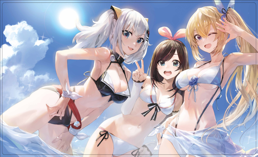 3girls :3 :d ;d a.i._channel absurdres adapted_costume arm_warmers bikini black_bikini blonde_hair blue_eyes blue_sky breasts brown_hair contrapposto cowboy_shot crossover day dutch_angle front-tie_bikini front-tie_top hair_ribbon hairband hand_on_hip highres kaguya_luna kaguya_luna_(character) kizuna_ai large_breasts long_hair medium_breasts mirai_akari mirai_akari_project mossi multicolored_hair multiple_crossover multiple_girls one_eye_closed open_mouth outdoors ribbon sarong side-tie_bikini side_ponytail sidelocks silver_hair sky smile sparkle standing streaked_hair swimsuit twintails under_boob v virtual_youtuber wading white_bikini wrist_ribbon