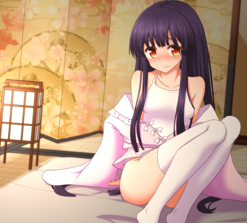 1girl ass bangs bare_shoulders bed_sheet black_hair blush bow breasts brown_eyes camisole closed_mouth collarbone commentary_request convenient_leg eyebrows_visible_through_hair feet_out_of_frame frilled_shirt_collar frills highres houraisan_kaguya indoors japanese_clothes kimono knees_up long_hair long_sleeves looking_at_viewer no_pants no_shoes nose_blush pink_kimono sidelocks sitting small_breasts solo sweat tatami teoi_(good_chaos) thigh-highs thighs touhou very_long_hair white_bow white_legwear wide_sleeves