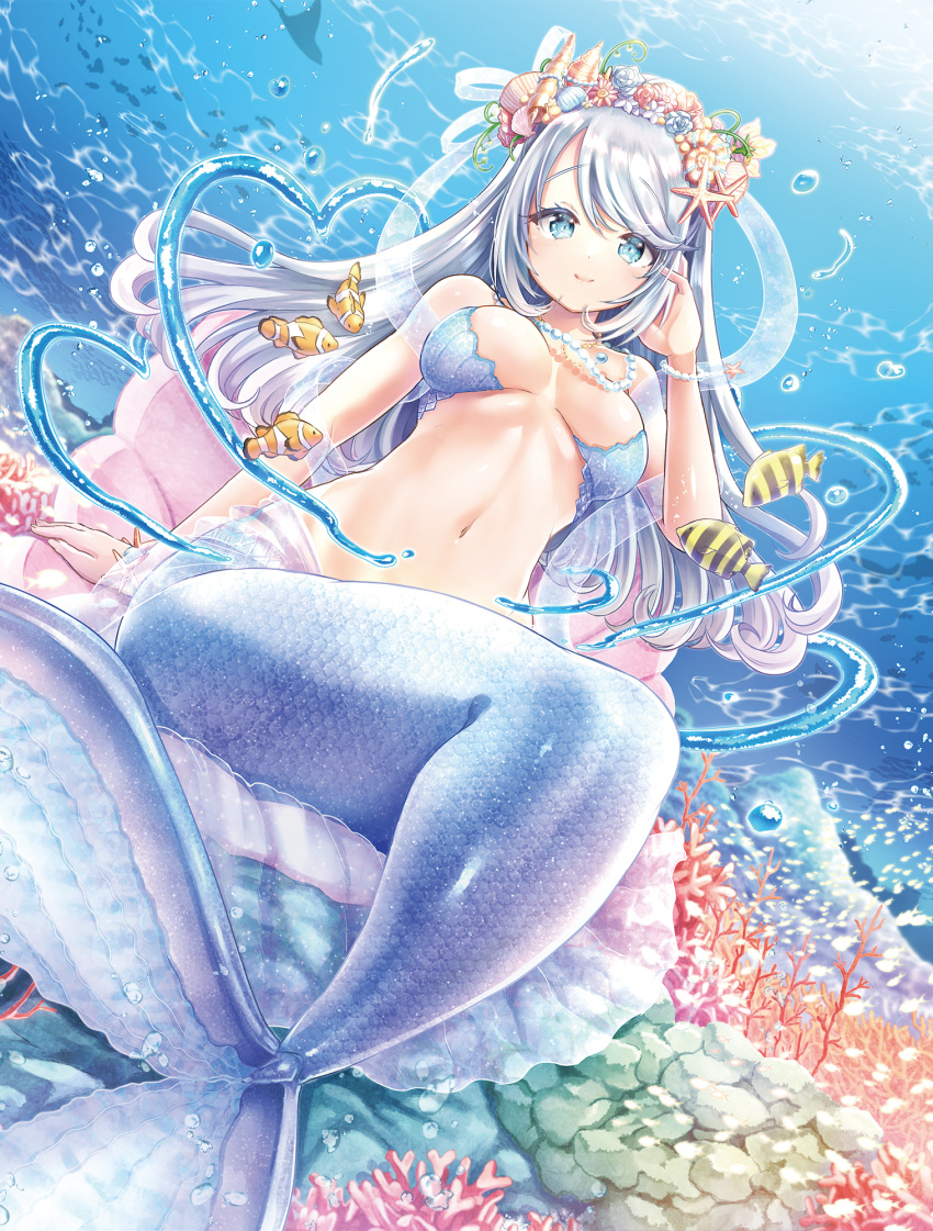 1girl blue_eyes breasts cleavage fish flower hair_flower hair_ornament highres jewelry kamiya_zuzu large_breasts long_hair mermaid monster_girl navel necklace original shell_hair_ornament silver_hair smile solo starfish_hair_ornament underwater