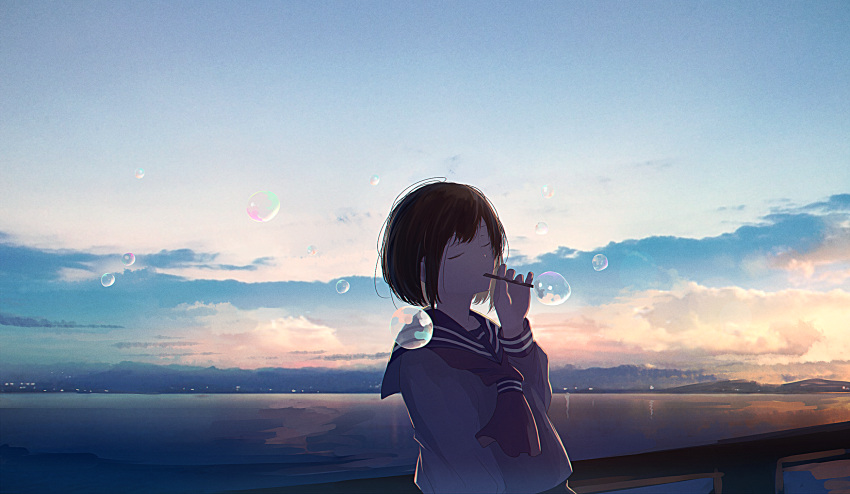 1girl black_hair bubble bubble_blowing bubble_pipe closed_eyes clouds commentary_request hand_up highres holding long_sleeves mifuru neckerchief ocean original outdoors railing scenery school_uniform serafuku short_hair solo sunrise upper_body