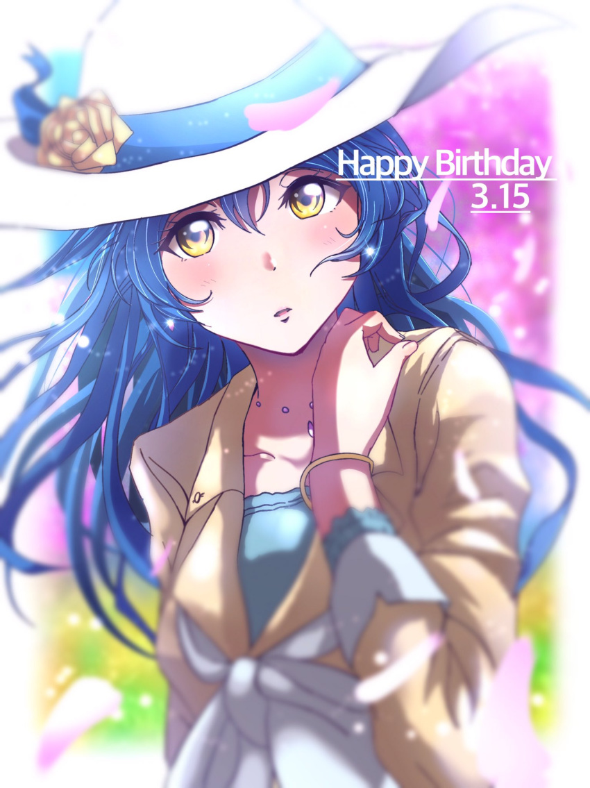 1girl arm_up astil_be bangs birthday blue_hair blush commentary_request dated dress flower happy_birthday hat highres long_hair love_live! love_live!_school_idol_festival love_live!_school_idol_project open_mouth petals smile solo sonoda_umi upper_body yellow_eyes