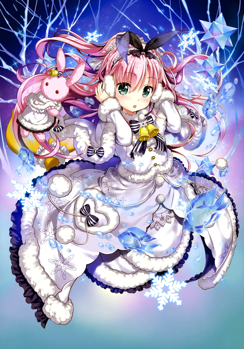 1girl :o absurdres bell bell_collar black_frills blush body_blush bow bowtie capelet collar copyright_request dress earmuffs eyebrows_visible_through_hair fish flower frilled_dress frilled_hairband frills fujima_takuya fur-trimmed_capelet fur-trimmed_dress fur_trim green_eyes hair_between_eyes hair_flower hair_ornament hairband hands_on_earmuffs hands_on_headphones headphones headset highres jewelry long_hair looking_at_viewer official_art pink_hair pink_lips ponytail print_dress red_eyes ring scan sky snowflake_print snowflakes solo star_(sky) starry_sky striped_neckwear stuffed_animal stuffed_bunny stuffed_toy tongue water white_capelet white_dress white_flower white_frills white_hairband