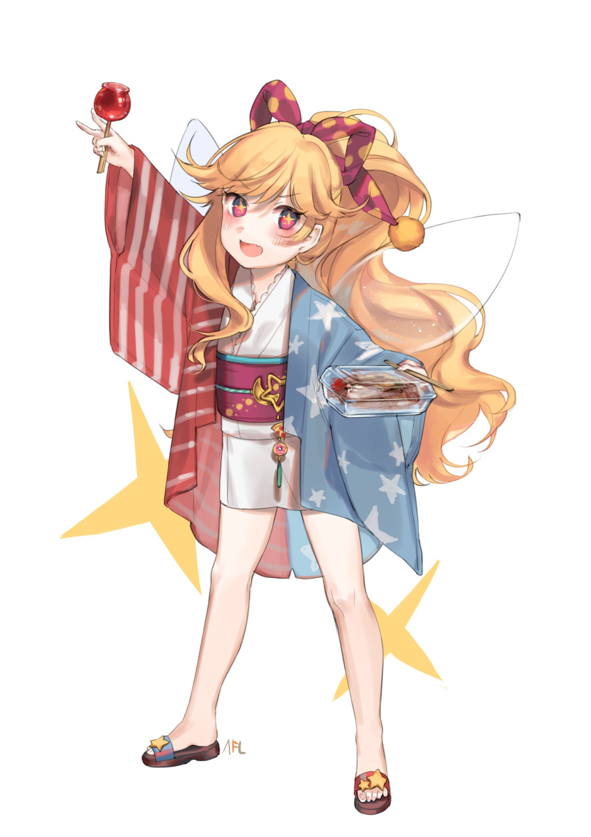 +_+ 1girl :d absurdres adapted_costume american_flag_kimono arm_up blonde_hair blush brown_footwear candy_apple chopsticks clownpiece commentary_request container eyebrows_visible_through_hair fairy_wings fang food full_body hair_ribbon haori highres holding holding_food japanese_clothes kimono long_hair looking_at_viewer no_hat no_headwear obi open_mouth pink_eyes polka_dot_ribbon purple_ribbon purple_sash ribbon sandals sash shan short_kimono simple_background smile solo standing touhou v very_long_hair wavy_hair white_background white_kimono wings