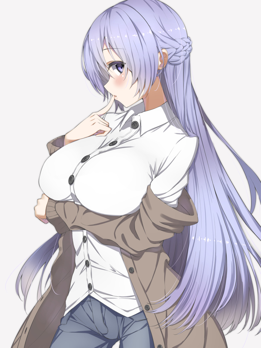 1girl absurdres alternate_costume azur_lane blue_eyes blush braid breast_hold breasts buttons collared_shirt commentary_request denim eyebrows_visible_through_hair finger_to_mouth floating_hair french_braid grey_background highres jeans large_breasts lavender_hair lips long_hair long_sleeves looking_at_viewer looking_to_the_side pants parted_lips rodney_(azur_lane) shiny shiny_hair shirt simple_background solo standing very_long_hair white_shirt yamanokami_eaka