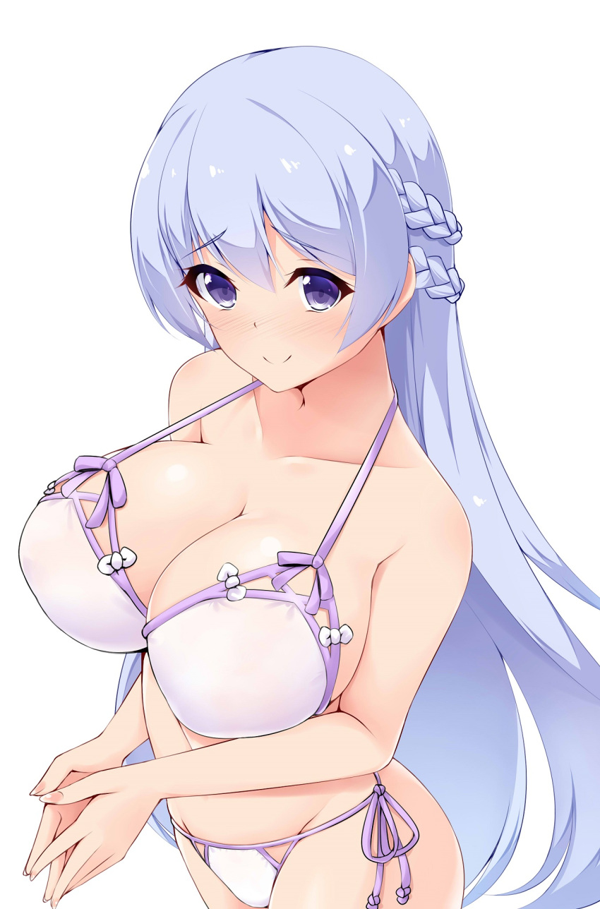 1girl alternate_costume aria_(okuda08808008) azur_lane bikini blush braid breasts cleavage closed_mouth collarbone eyebrows_visible_through_hair from_above highres huge_breasts lavender_hair long_hair looking_at_viewer looking_up nose_blush rodney_(azur_lane) simple_background smile solo standing swimsuit very_long_hair violet_eyes white_background white_bikini