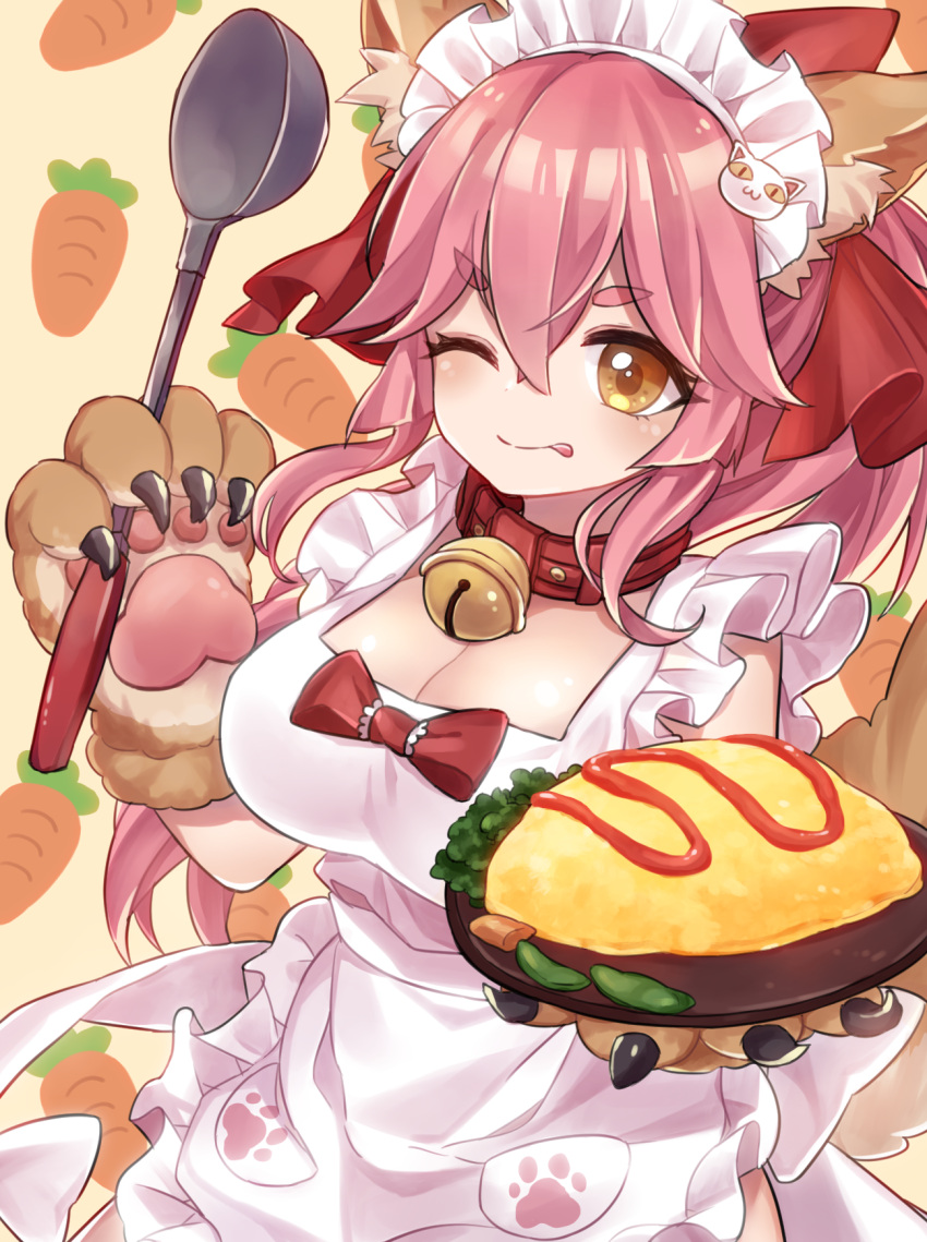1girl animal_ears apron bell bell_collar breasts cat_hair_ornament cat_paws cleavage collar fangs fate/grand_order fate_(series) food fox_ears fox_tail gloves hair_ornament hair_ribbon highres jingle_bell large_breasts long_hair looking_at_viewer maid_headdress naked_apron omelet one_eye_closed paw_gloves paws pink_hair ponytail red_ribbon ribbon solo soramame_pikuto tail tamamo_(fate)_(all) tamamo_cat_(fate) tongue yellow_eyes