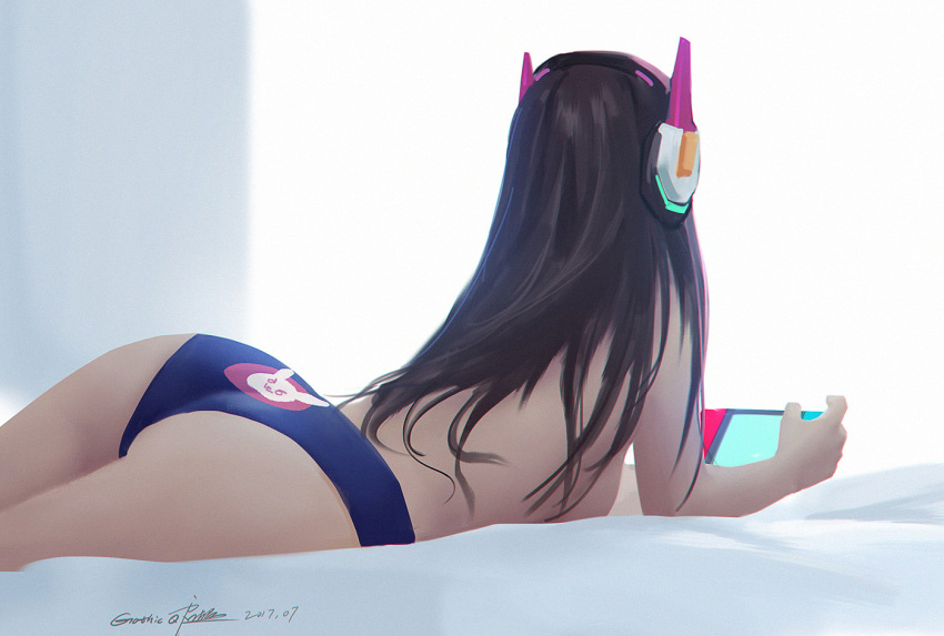 1girl animal_print ass bed blue_panties breasts brown_hair bunny_print d.va_(overwatch) from_behind game_console handheld_game_console headphones long_hair lying nintendo nintendo_switch on_stomach overwatch panties qichao_wang sideboob solo topless underwear window
