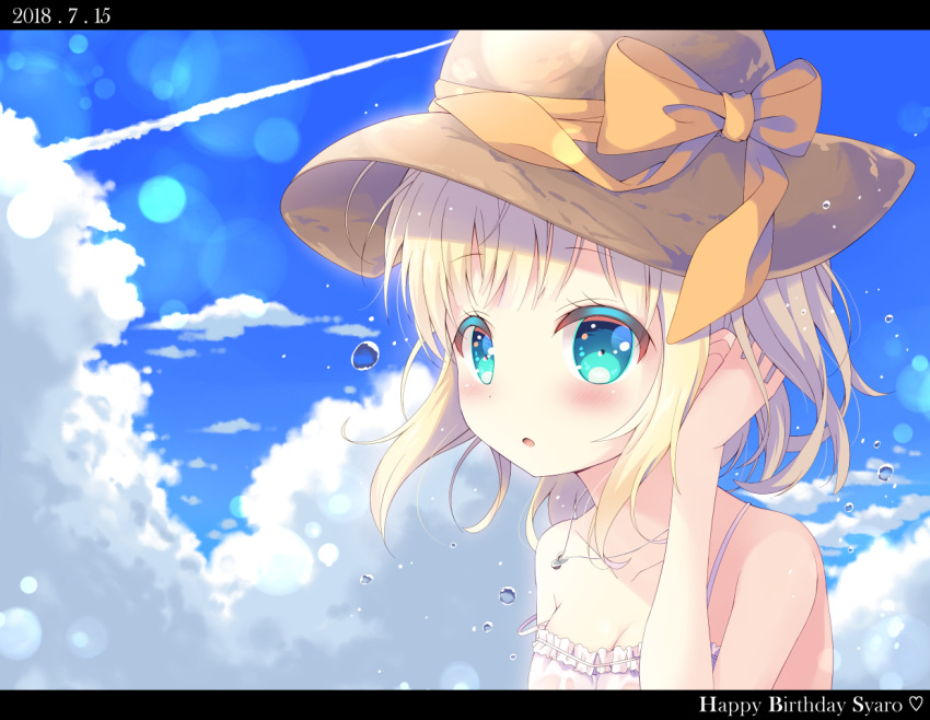 1girl :o arm_up bangs bare_arms bare_shoulders blonde_hair blue_sky bow breasts brown_hat character_name cleavage clouds cloudy_sky collarbone commentary_request day dress eyebrows_visible_through_hair gochuumon_wa_usagi_desu_ka? green_eyes happy_birthday hat hat_bow kirima_sharo letterboxed looking_at_viewer orange_bow outdoors parted_lips satsuki_yukimi sky sleeveless sleeveless_dress small_breasts solo strap_slip sun_hat water_drop white_dress