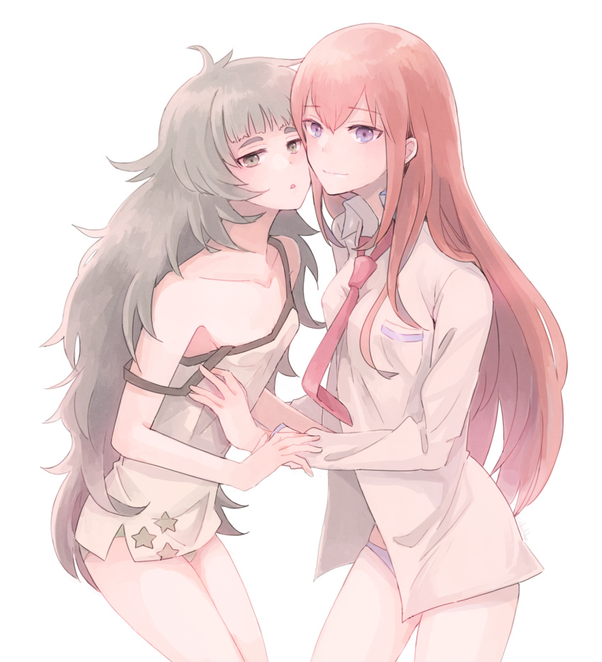 2girls bangs bare_shoulders blue_eyes blunt_bangs breasts cheek-to-cheek collarbone collared_shirt cowboy_shot green_eyes green_hair green_panties highres hiyajou_maho koike_(coikekke) long_hair looking_at_viewer makise_kurisu messy_hair multiple_girls necktie nightgown no_pants panties redhead shirt simple_background small_breasts smile steins;gate steins;gate_0 straight_hair strap_slip unbuttoned unbuttoned_shirt underwear white_background white_panties white_shirt