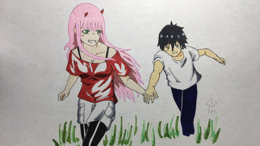 1boy 1girl bangs black_footwear black_hair blue_eyes blush boots breasts collarbone commentary_request couple darling_in_the_franxx green_eyes hand_holding hetero highres hiro_(darling_in_the_franxx) horns interlocked_fingers k7s1wtulod0vu4c long_hair medium_breasts oni_horns pants pink_hair purple_pants red_horns red_shirt shirt short_hair short_sleeves signature thigh-highs thigh_boots white_pants white_shirt zero_two_(darling_in_the_franxx)