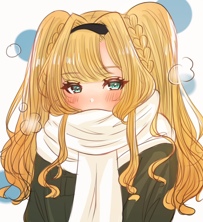 bangs blonde_hair blush cold granblue_fantasy green_eyes hairband highres li_s625 looking_at_viewer scarf sweater twintails zeta_(granblue_fantasy)