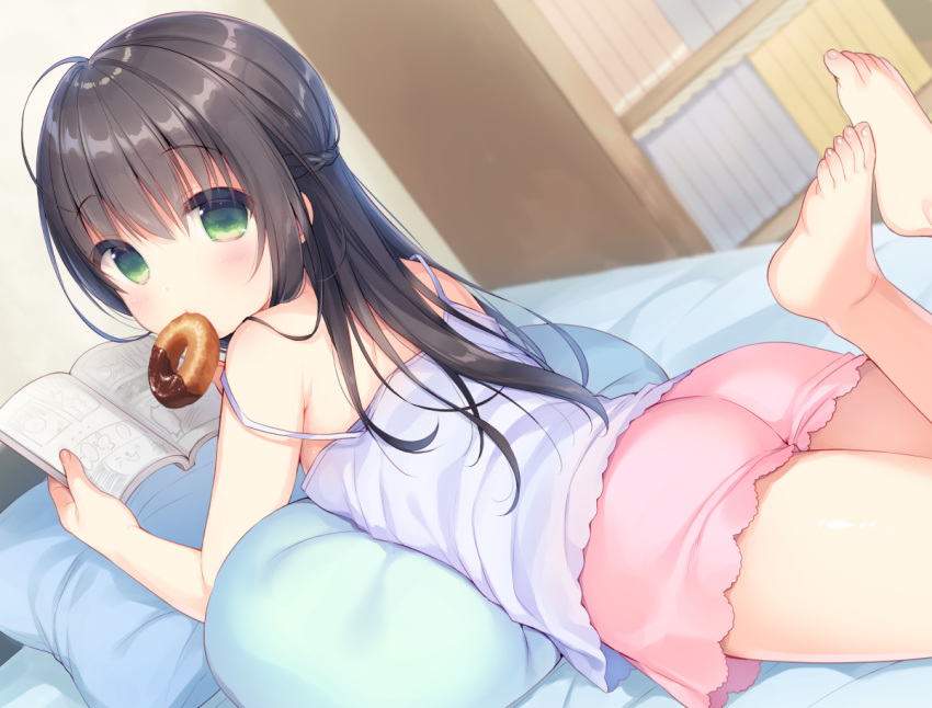 1girl bangs bare_arms bare_legs bare_shoulders barefoot bed black_hair blurry blurry_background blush book bookshelf braid camisole commentary_request depth_of_field doughnut eyebrows_visible_through_hair fingernails food food_in_mouth green_eyes hair_between_eyes holding indoors legs_up long_hair lying mouth_hold on_bed on_stomach original pillow pink_shorts purple_camisole short_shorts shorts solo strap_slip toenails usashiro_mani very_long_hair