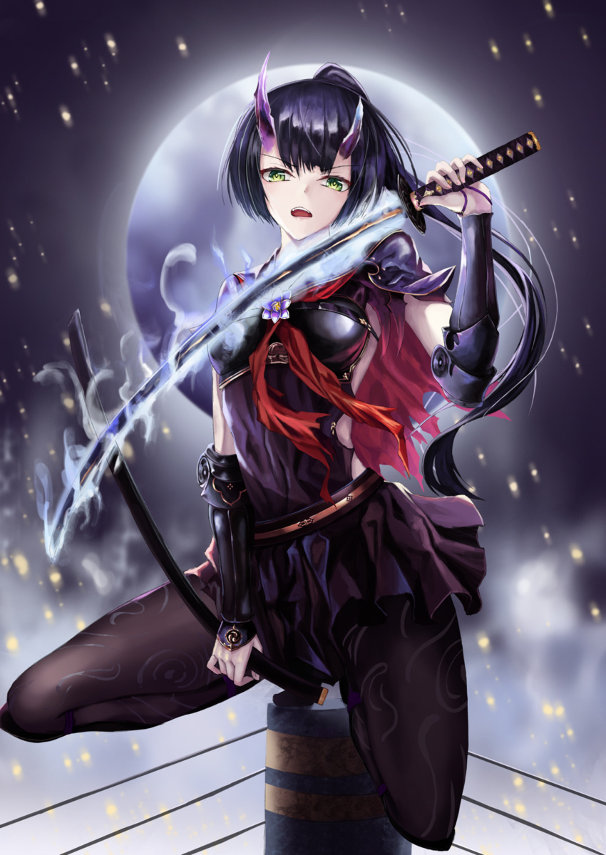 1girl asymmetrical_horns bangs black_hair black_legwear black_shirt black_skirt breastplate detached_sleeves eyebrows_visible_through_hair floating_hair full_moon green_eyes high_ponytail highres holding holding_sheath holding_sword holding_weapon horns katana long_hair looking_at_viewer miniskirt moon nekobell night open_mouth outdoors pantyhose pleated_skirt sheath shingeki_no_bahamut shirt shoulder_armor skirt solo spaulders sword unsheathed very_long_hair weapon