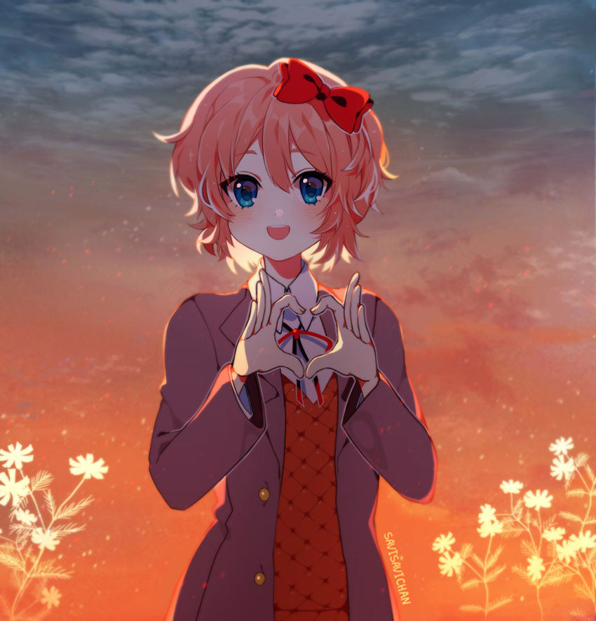1girl :d artist_name blue_eyes bow clouds cloudy_sky commentary doki_doki_literature_club english_commentary eyebrows_visible_through_hair hair_between_eyes hair_bow heart heart_hands looking_at_viewer open_mouth pink_hair red_bow savi_(byakushimc) sayori_(doki_doki_literature_club) school_uniform short_hair sky smile solo upper_body